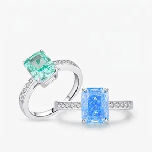 Bague en Zirconia Taille Émeraude en Argent Sterling 925 Vert Paraiba Bleu Mer Élégante Style INS Bijoux Femme