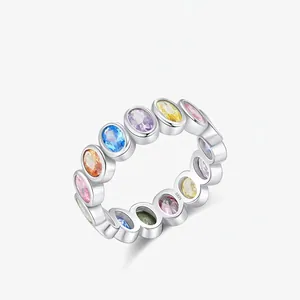 Bague Éternité en Argent Sterling 925 Avec Zirconia Ovale Multicolore pour Femme Élégant Arc-en-Ciel Gemme Éternité Bijoux