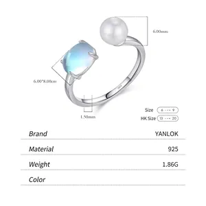S925 sterling silver open ring with white pearl and oval blue gemstone details