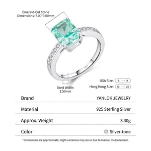 Bague en argent 925 avec pierre rectangulaire vert menthe 7x9mm et diamants latéraux