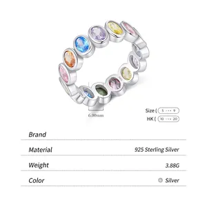 Bague en argent sterling S925 avec zircons ovales colorés et anneau de 6mm de large