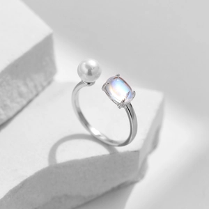S925 Sterling silver adjustable open ring featuring a white pearl and moonstone crystal