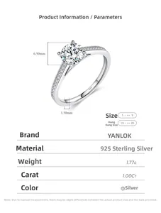 Macro view of S925 sterling silver ring featuring 1.00ct moissanite with size specs