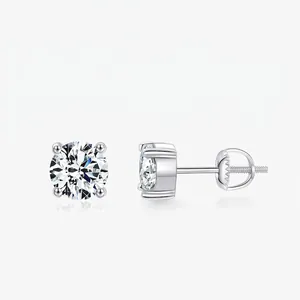 Classic 925 Sterling Silver Moissanite Stud Earrings Round Brilliant Cut Four Prong D Color VVS1 Gemstone Jewelry For Women