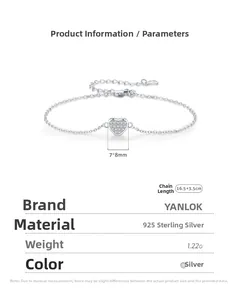 Detail specifications of S925 sterling silver heart bracelet with size and weight info