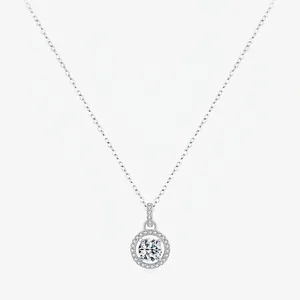 925 Sterlingsilber 1 Karat D Farbe Moissanit Anhänger Halskette Für Damen Rund Brillantschliff Funkelnder Solitär Halo Feiner Schmuck