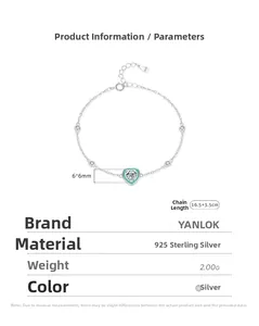 Spécifications détaillées du bracelet coeur en argent S925 avec mesures de taille