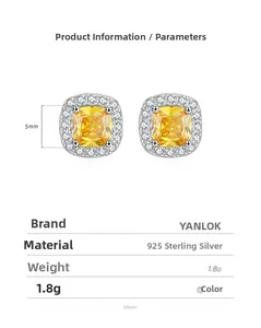 Macro shot of 925 sterling silver luxury yellow diamond stud earrings with 5mm square cut