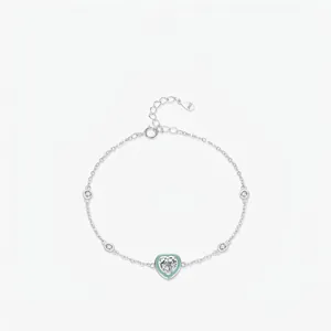 Bracelet Cœur en Argent Sterling 925 pour Femme Émail Vert Menthe Zirconia Incrusté Chaîne Réglable Bijoux Cadeau