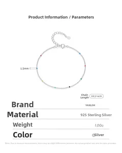 Macro view of S925 sterling silver minimalist bracelet with colorful beads and sizing info