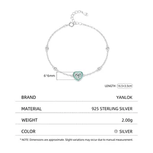 Bracelet Coeur en Argent Sterling S925 avec Émail Bleu et Zircon, Longueur 16,5+3,5cm