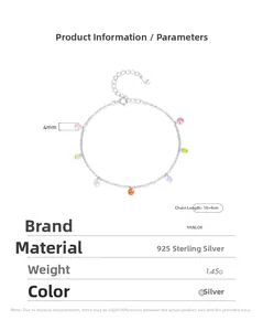 S925 sterling silver bracelet with 4mm colorful pendants and 16+4cm adjustable chain