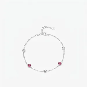 925 Sterling Silver Bracelet For Women Minimalist Red Round Zirconia Thin Chain Bracelet Adjustable Jewelry Anniversary Gift