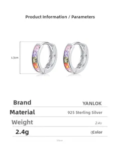 Detailed view of S925 sterling silver hoop earrings with multicolored cubic zirconia