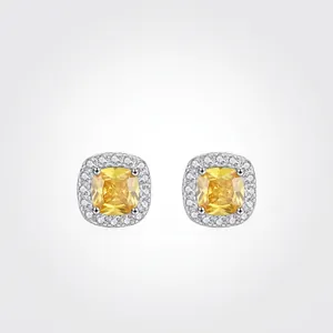 Luxury 925 Sterling Silver Cushion Cut Yellow Zirconia Stud Earrings For Women Elegant Halo Geometric Rhinestone Jewelry