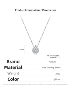 Detailed size specifications for S925 sterling silver water drop pendant necklace
