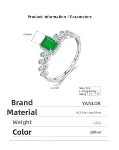 Detailed specs of S925 silver ring with 4x6mm green zircon and leaf pattern