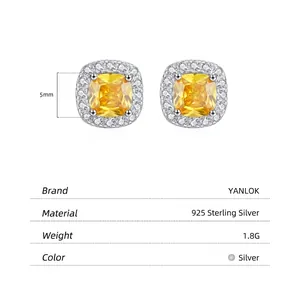 Luxurious S925 sterling silver square yellow zircon stud earrings with halo setting