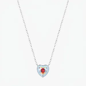 925 Sterling Silver Heart Pendant Necklace For Women Iridescent Zirconia Light Blue Enamel Clavicle Chain Jewelry Gift