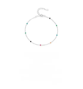 Macro detail of S925 sterling silver chain with colorful beads and lobster clasp closure