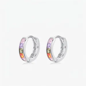 925 Sterling Silver Rainbow Zirconia Huggie Hoop Earrings Square Cut Colored Zircon Inlaid Minimalist Jewelry For Women Gift