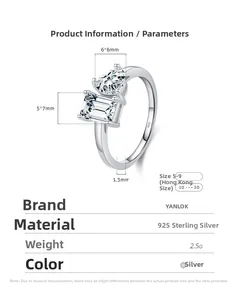 Size chart showing heart and emerald cut stones on a 925 sterling silver ring