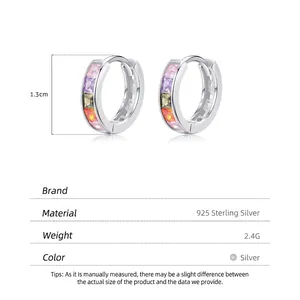 S925 sterling silver hoop earrings with colorful cubic zirconia stones, 1.3cm diameter