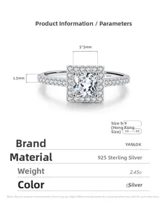Detailed view of square cubic zirconia S925 silver ring with 5x5mm stone dimensions