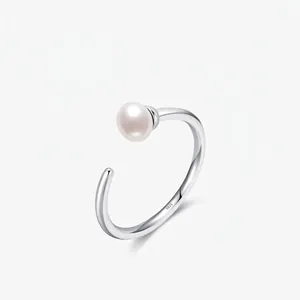 925 Sterling Silver Open Artificial Pearl Ring Minimalist Adjustable Sweet French Style Jewelry For Women
