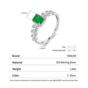 S925 sterling silver ring with 4x6mm green zircon and diamond-set leaf hollow band