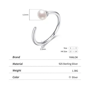 Minimalist S925 sterling silver open ring with a 5.5mm natural pearl on white background