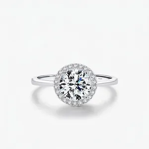 Bague Halo en Argent Sterling 925 Zirconia Rond Elégant Bijoux de Mode Brillante Bague de Fiançailles Mariage pour Femme
