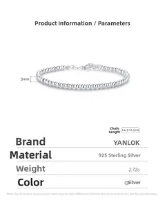 Détail d'un bracelet en argent sterling 925 avec perles de 3mm et chaîne ajustable