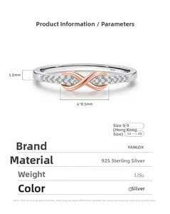 Detail view of S925 sterling silver infinity ring with rose gold accents and pavé diamonds