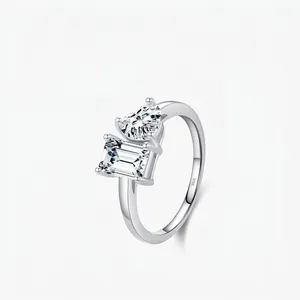 925 Sterling Silver Toi Et Moi Ring For Women Elegant Zirconia Heart And Emerald Cut Open Adjustable French Vintage Ring