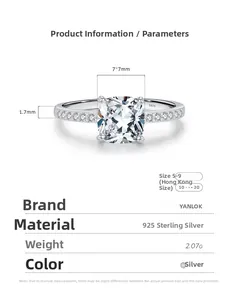 Detailed specs of S925 silver ring featuring 7x7mm cushion cut main stone with side diamonds