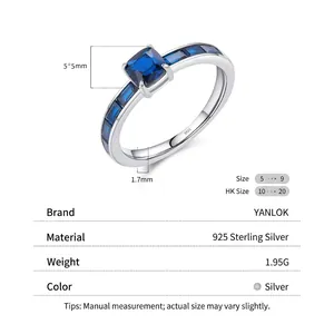 Bague en argent sterling S925 avec saphir bleu carré et design vintage britannique élégant