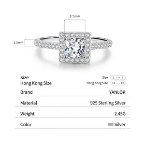 French vintage S925 sterling silver ring with halo square sparkling crystal and pavé band