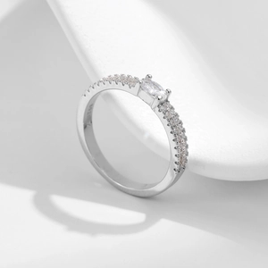 Elegant S925 sterling silver double layer ring with marquise cut diamond and pavé stones