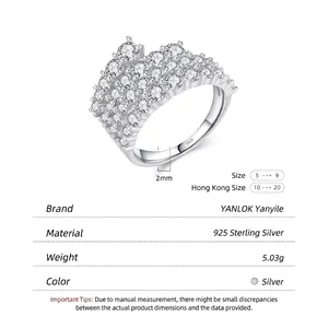 Elegant S925 sterling silver ring with multi-row pavé crystals in 2mm width