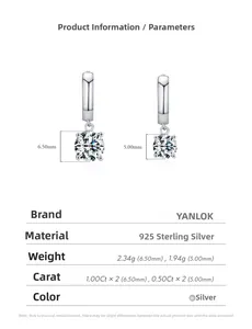 Detail specifications of 925 silver moissanite earrings showing 6.5mm and 5mm carat sizes