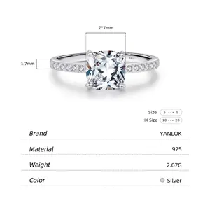 Sparkling S925 sterling silver cushion cut square zircon ring with pave diamond band