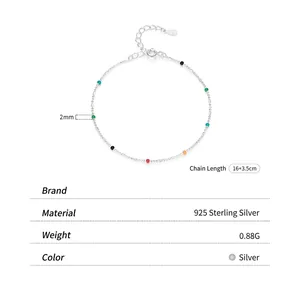 Colorful 925 sterling silver bead bracelet with 16cm adjustable chain for women