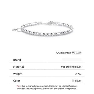 Bracelet à perles en argent s925 avec perles rondes de 3mm et fermoir mousqueton