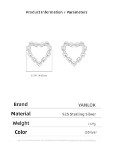 Macro view of S925 sterling silver heart chain earrings with weight and size parameters