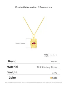 Detail view of gold S925 silver envelope necklace with red ruby and retro texture