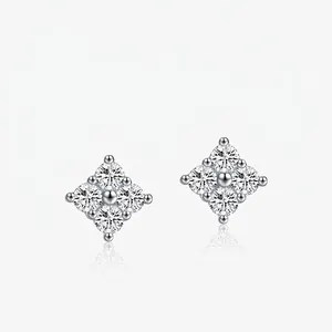 Boucles d'Oreilles Puces en Argent Sterling 925 Moissanite Élégant Fleur Losange Couleur D VVS1 Bijoux Femme Cadeau