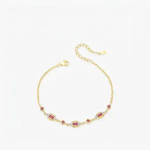 Elegant 925 Sterling Silver Bracelet For Women Gold Plated Geometric Red Zirconia Retro Inlaid Rhinestone Adjustable Chain Fine Jewelry Gift