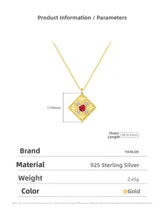 Detail specifications for S925 silver vintage hollow square pendant with ruby red stone