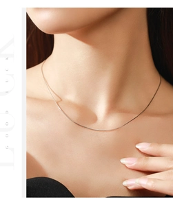 Primer plano de collar de cadena de plata S925 minimalista con el texto Good Luck